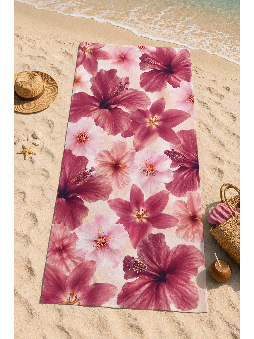 Bej Pembe Hibiskus Çiçek Desenli 70x150 Plaj Havlusu-3