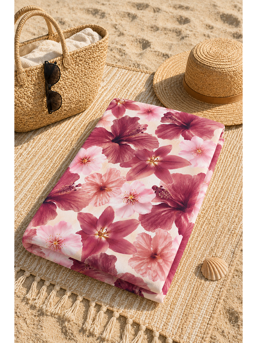 Bej Pembe Hibiskus Çiçek Desenli 70x150 Plaj Havlusu-4