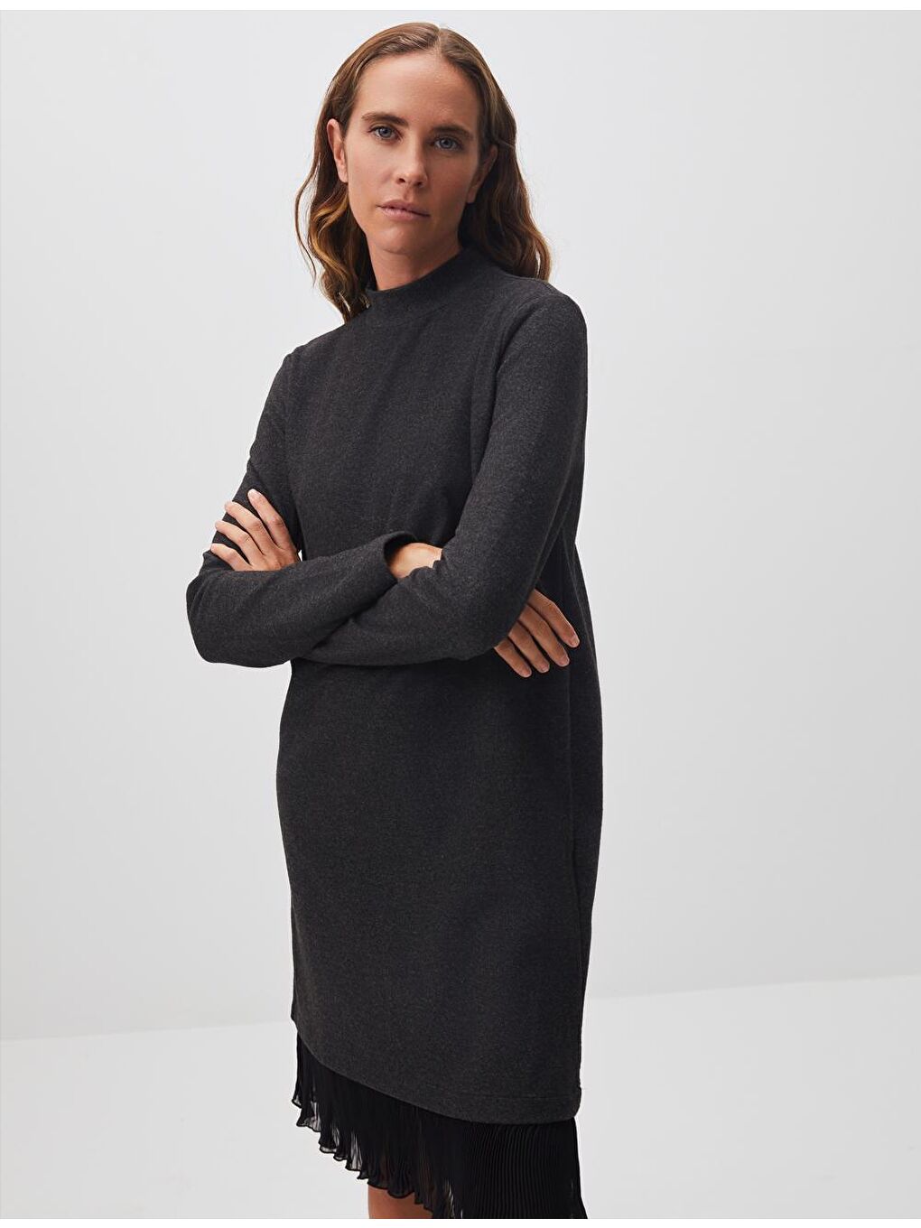 Antrasit Balıkçı Yaka Uzun Kollu Detaylı Elbise-3