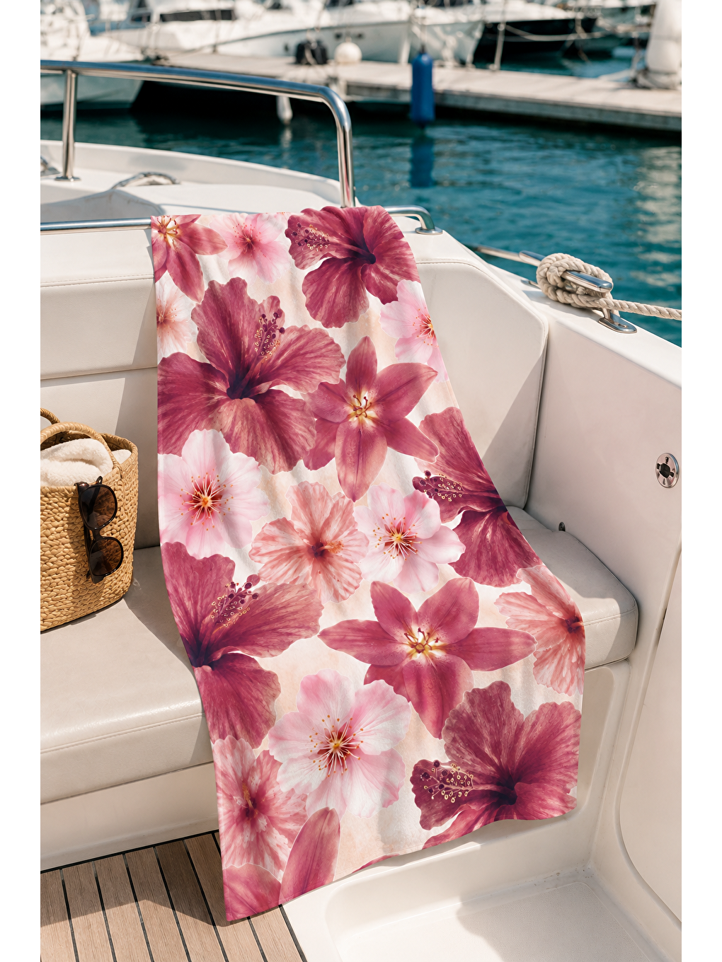 Bej Pembe Hibiskus Çiçek Desenli 70x150 Plaj Havlusu-5