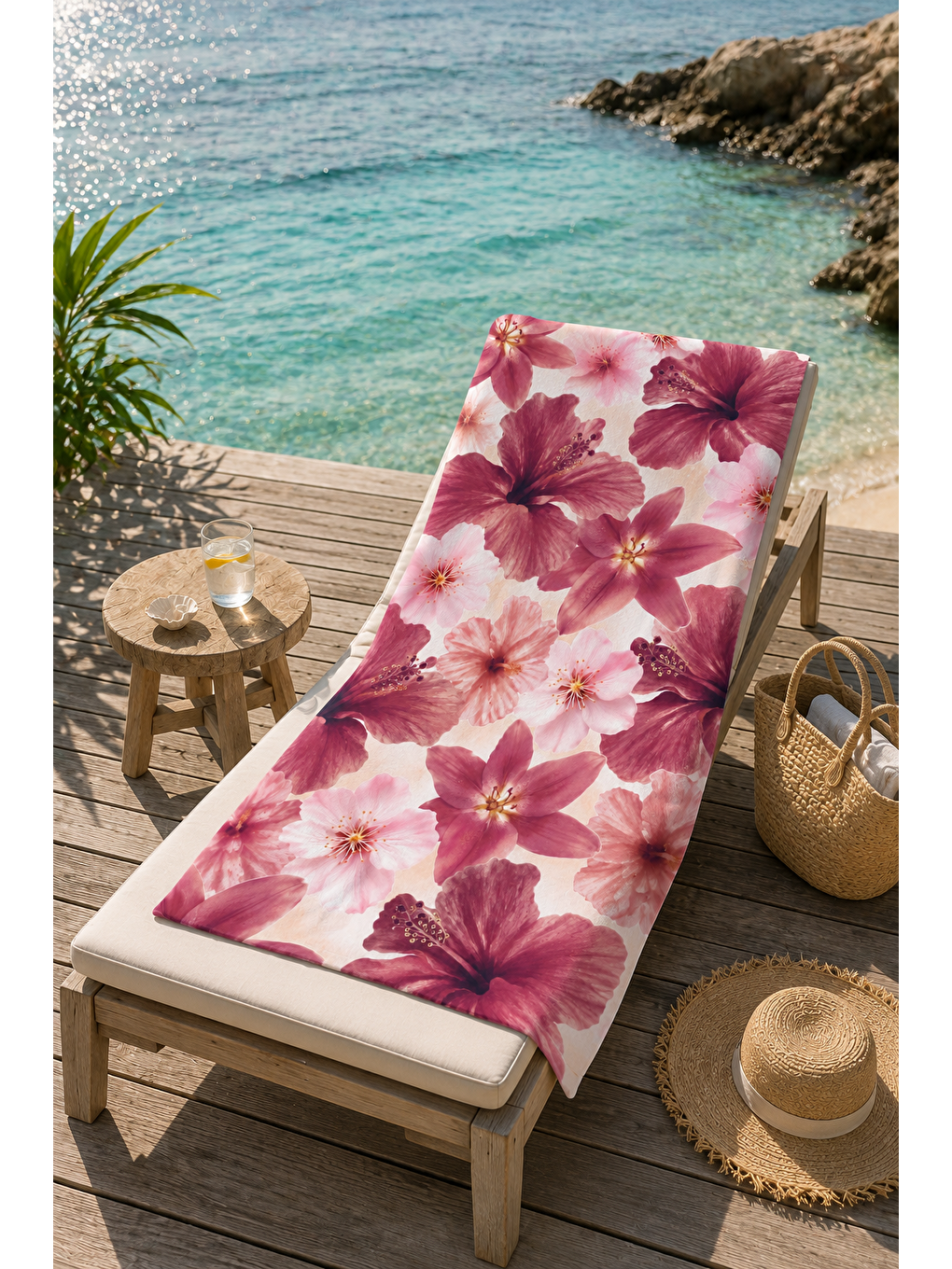 Bej Pembe Hibiskus Çiçek Desenli 70x150 Plaj Havlusu-6
