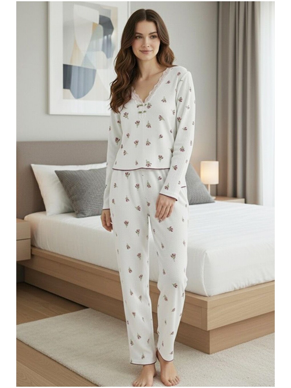 Beyaz Dantelli Bürümcük-krınkıl Uzun Kollu Pijama Takım-1