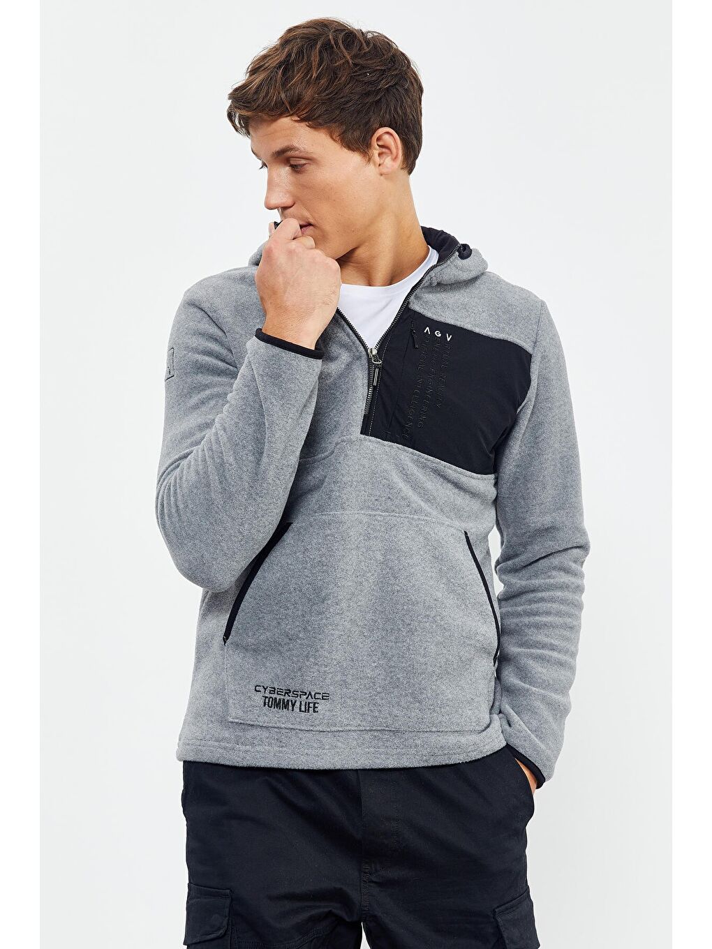 Gri Melanj Nakışlı Yarım Fermuar Kapüşonlu Standart Kalıp Erkek Polar Sweatshirt - 87996