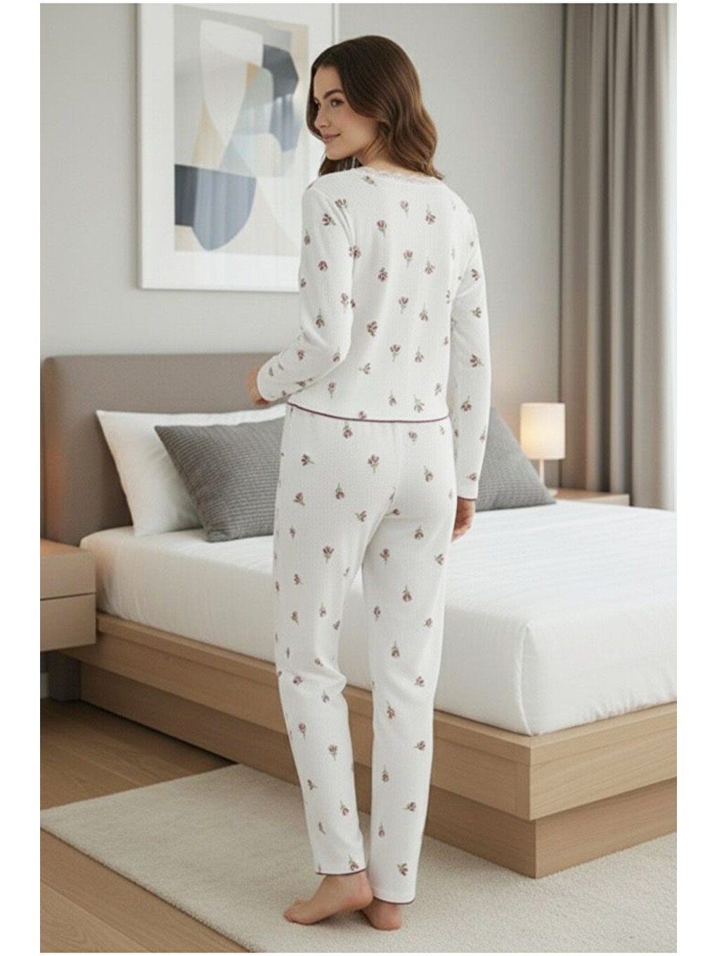 Beyaz Dantelli Bürümcük-krınkıl Uzun Kollu Pijama Takım-2