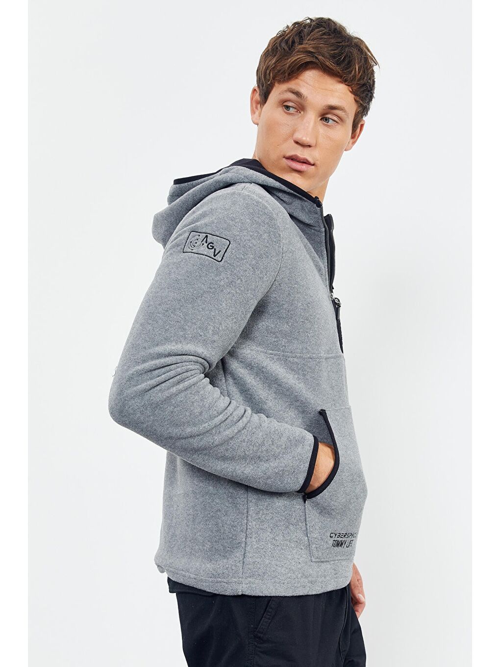 Gri Melanj Nakışlı Yarım Fermuar Kapüşonlu Standart Kalıp Erkek Polar Sweatshirt - 87996-4