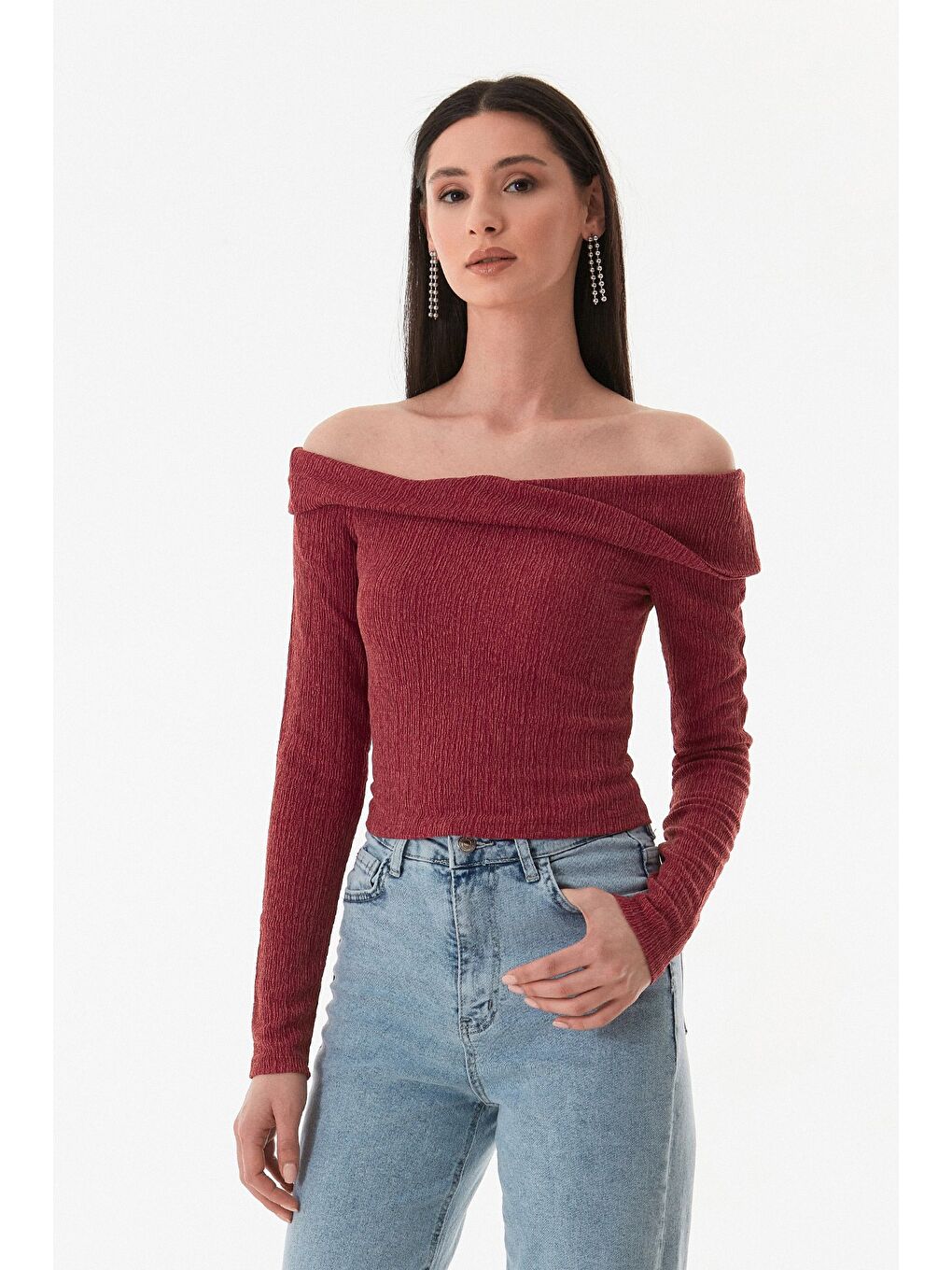 Bordo Bürümcük Kumaş Madonna Yaka Bluz