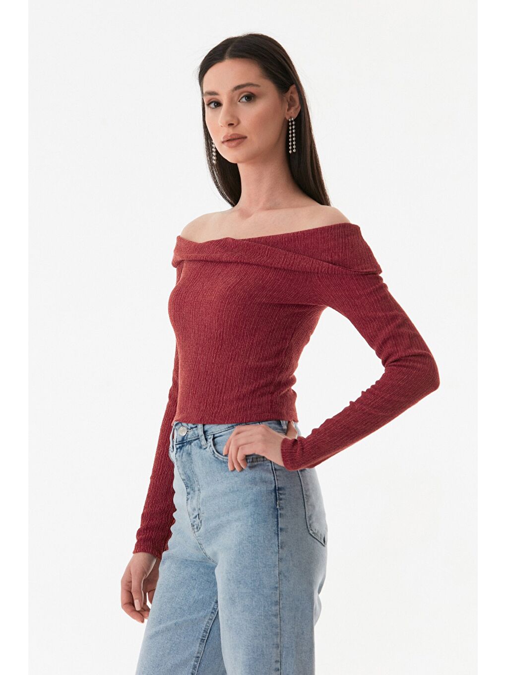 Bordo Bürümcük Kumaş Madonna Yaka Bluz-1