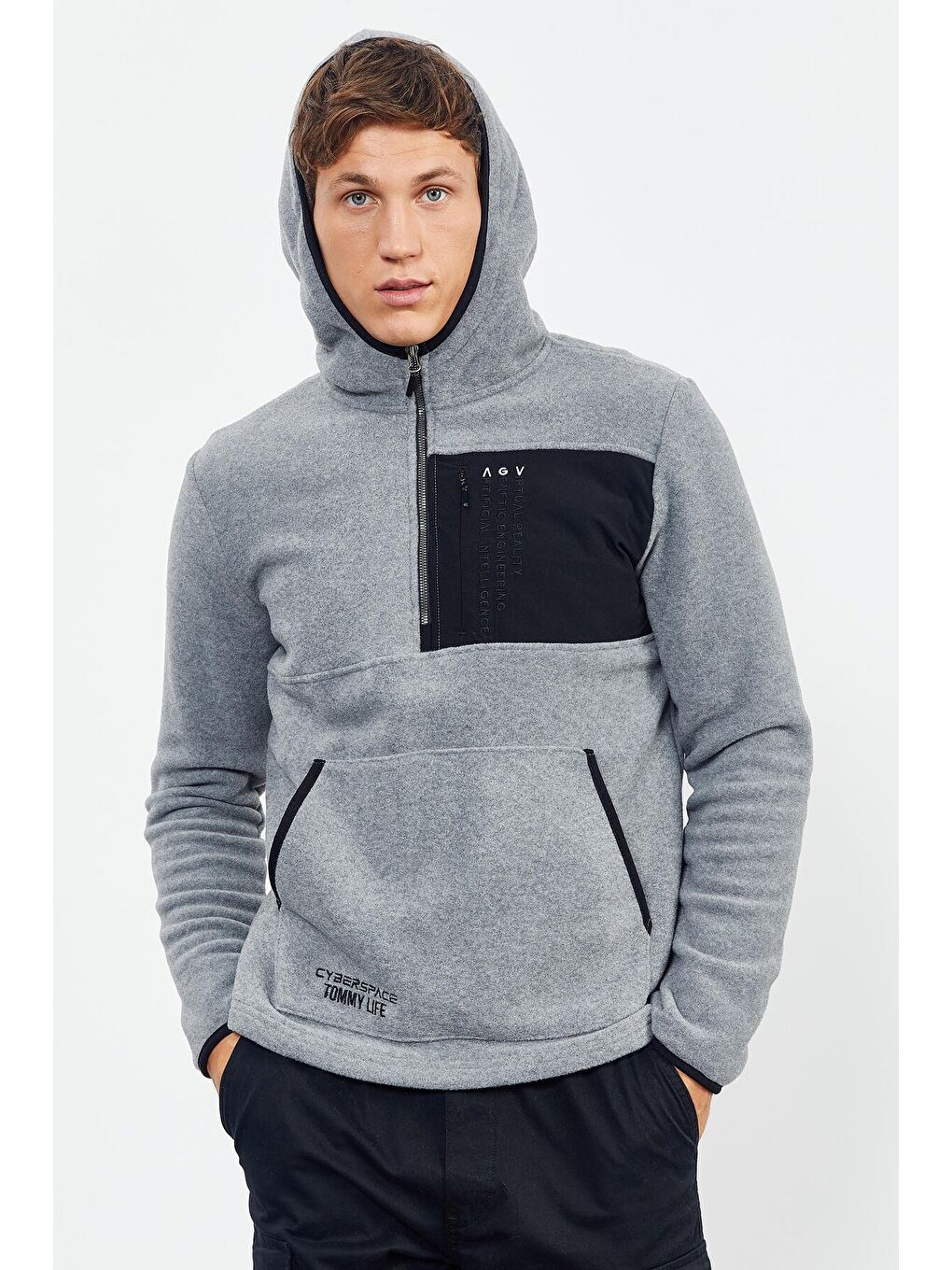 Gri Melanj Nakışlı Yarım Fermuar Kapüşonlu Standart Kalıp Erkek Polar Sweatshirt - 87996-8