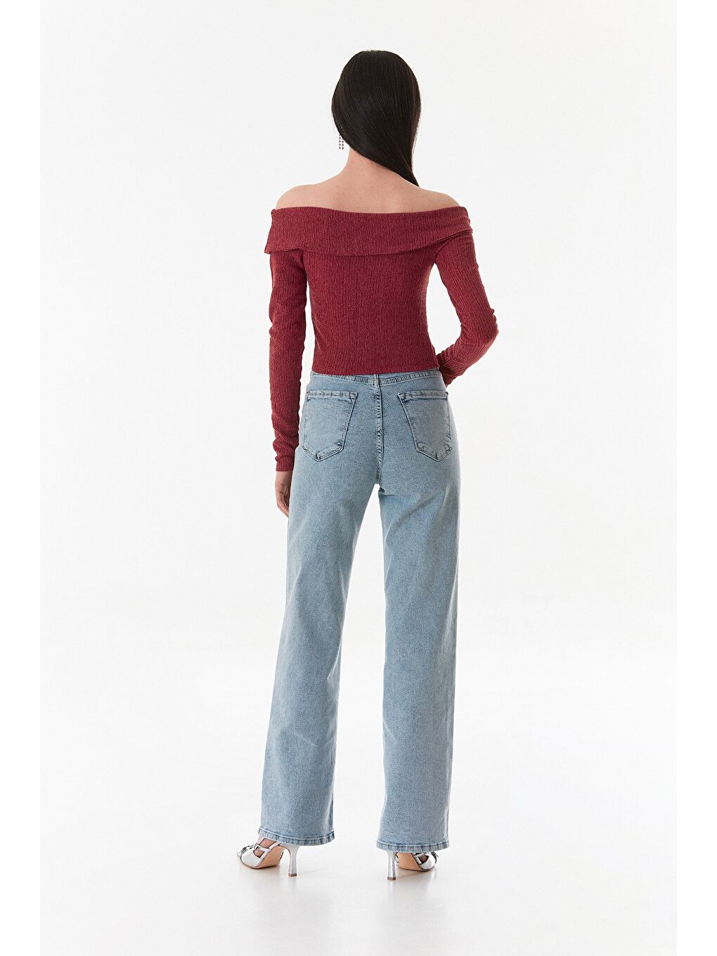 Bordo Bürümcük Kumaş Madonna Yaka Bluz-2