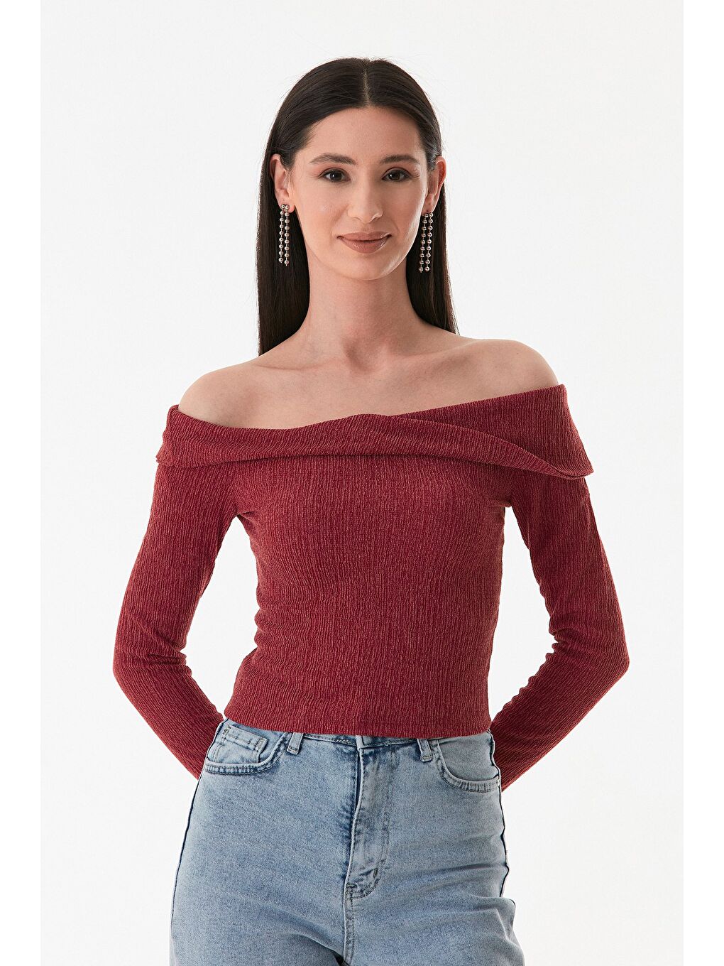 Bordo Bürümcük Kumaş Madonna Yaka Bluz-4