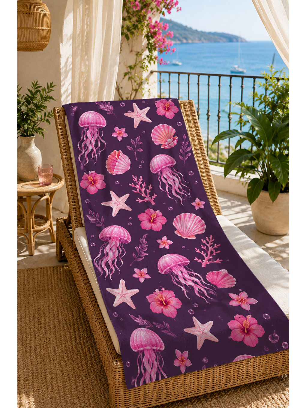 Mor Denizanası Ve Yıldız Desenli 70x150 Plaj Havlusu-3