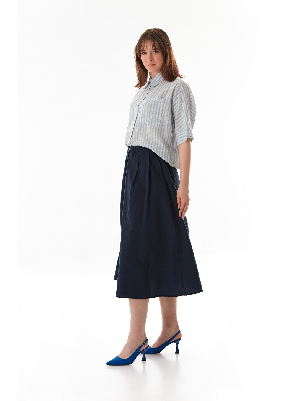 Lacivert Beli Lastikli Düğmeli Fermuarlı Terikoton Etek-1