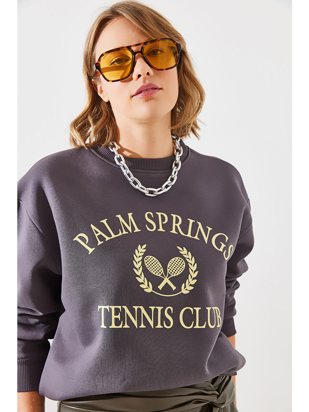 SHADE Füme Kadın Üç İplik Şardonlu Palm Springs Tenis Vintage Kolej Sweatshirt MBHS - 2