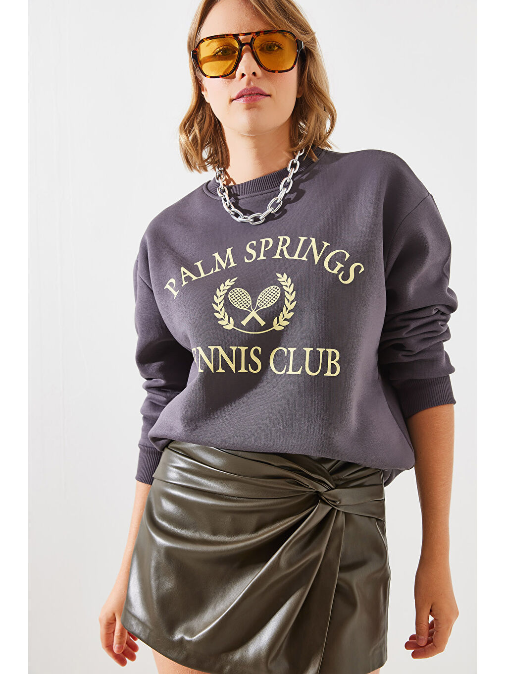 SHADE Füme Kadın Üç İplik Şardonlu Palm Springs Tenis Vintage Kolej Sweatshirt MBHS - 5