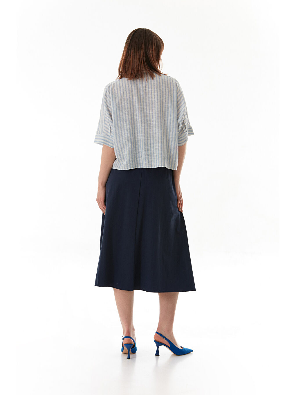 Lacivert Beli Lastikli Düğmeli Fermuarlı Terikoton Etek-2