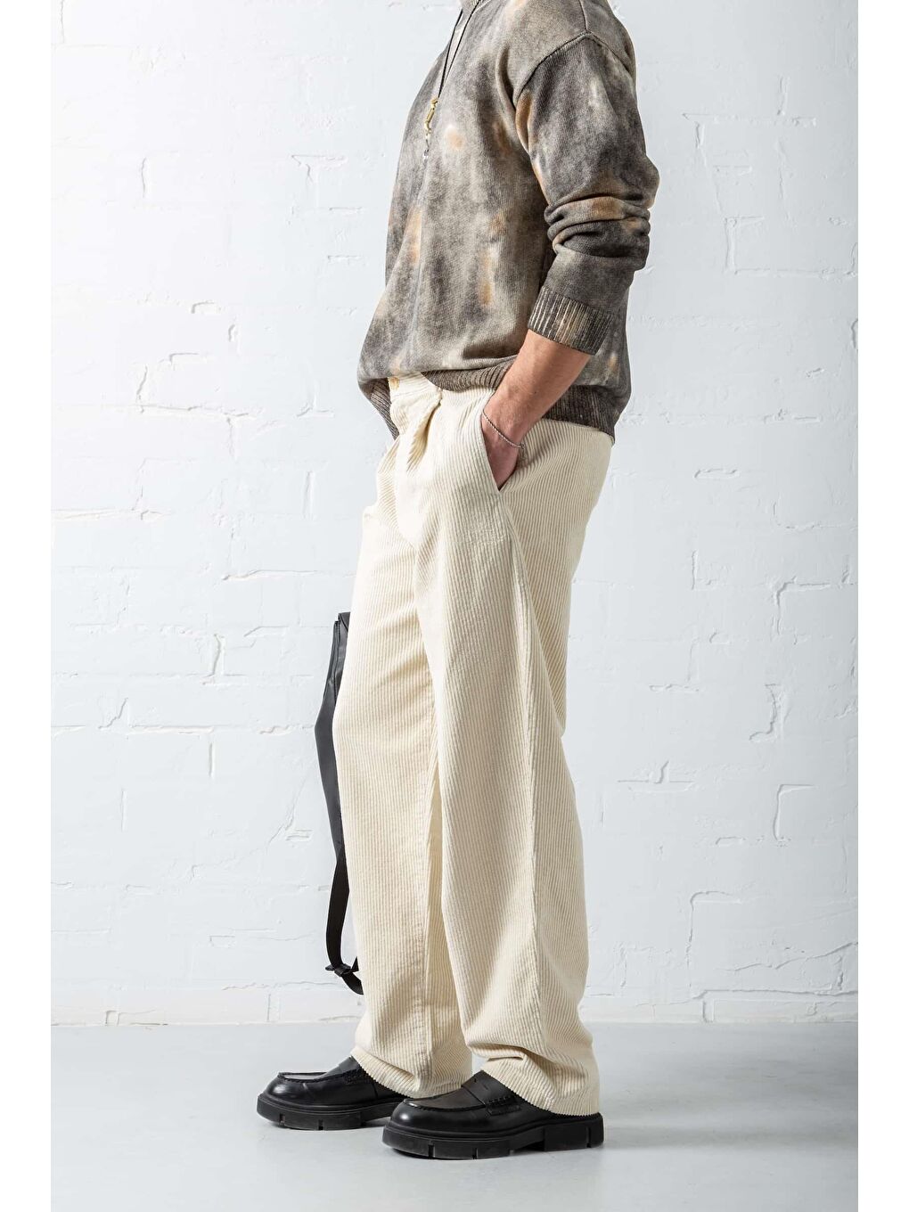 Ekru Erkek Baggy Fit Kadife Pantolon Krem-1