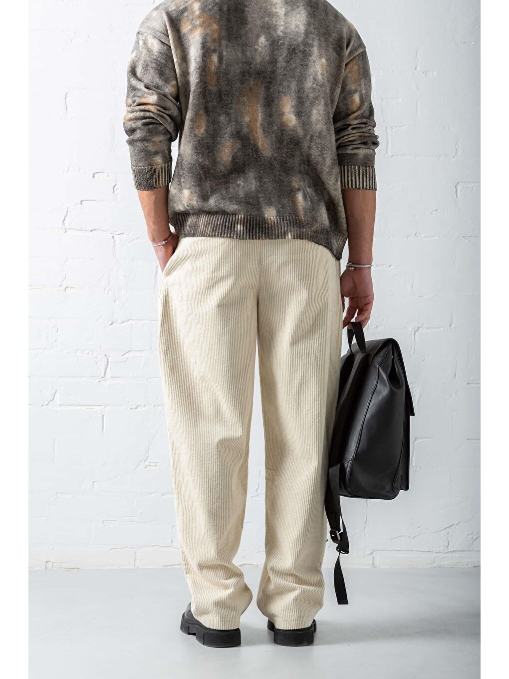 Ekru Erkek Baggy Fit Kadife Pantolon Krem-2