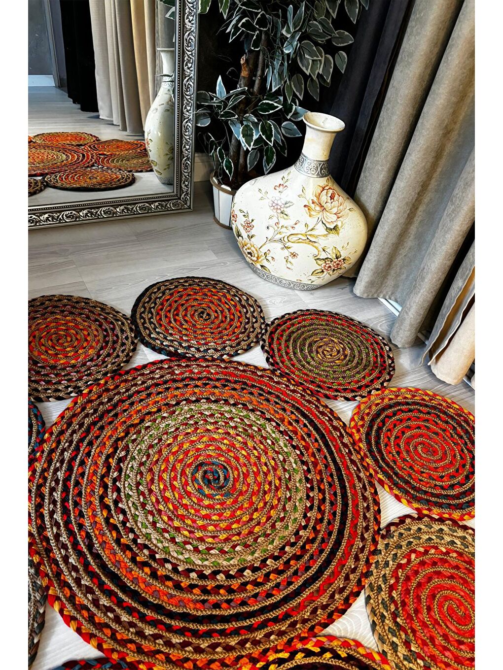 Bej Natural Jüt Halı El Dokuma Hasır Yolluk Bohem Jüt Kilim HMFJUT439 150 x 150 cm-2