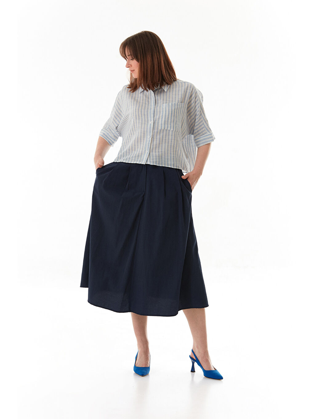 Lacivert Beli Lastikli Düğmeli Fermuarlı Terikoton Etek-3