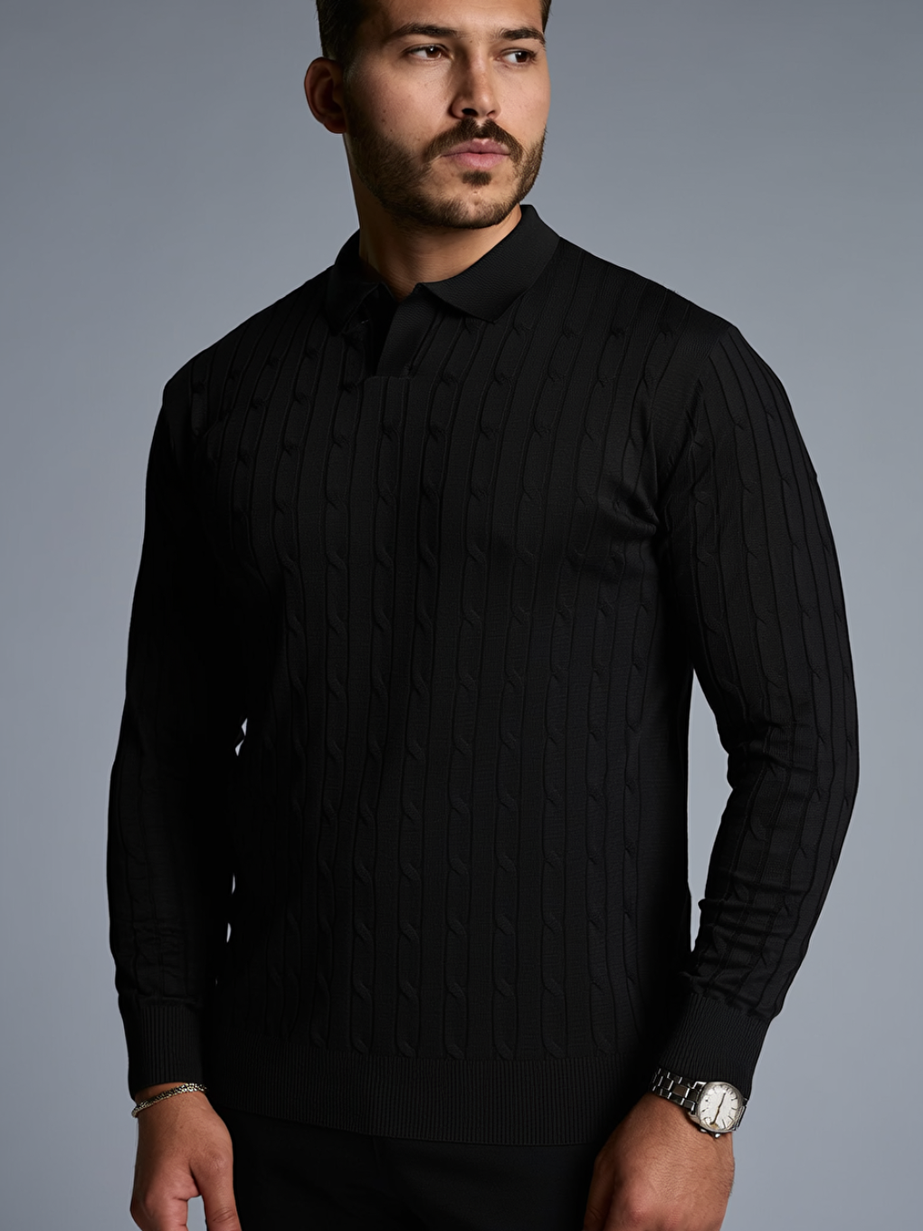 Siyah Ürün Adı: Erkek Saç Örgü Desen Uzun Kollu Triko-1