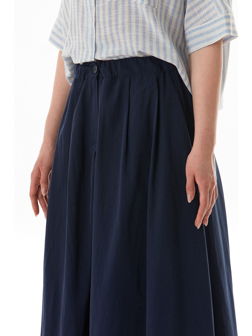 Lacivert Beli Lastikli Düğmeli Fermuarlı Terikoton Etek-4