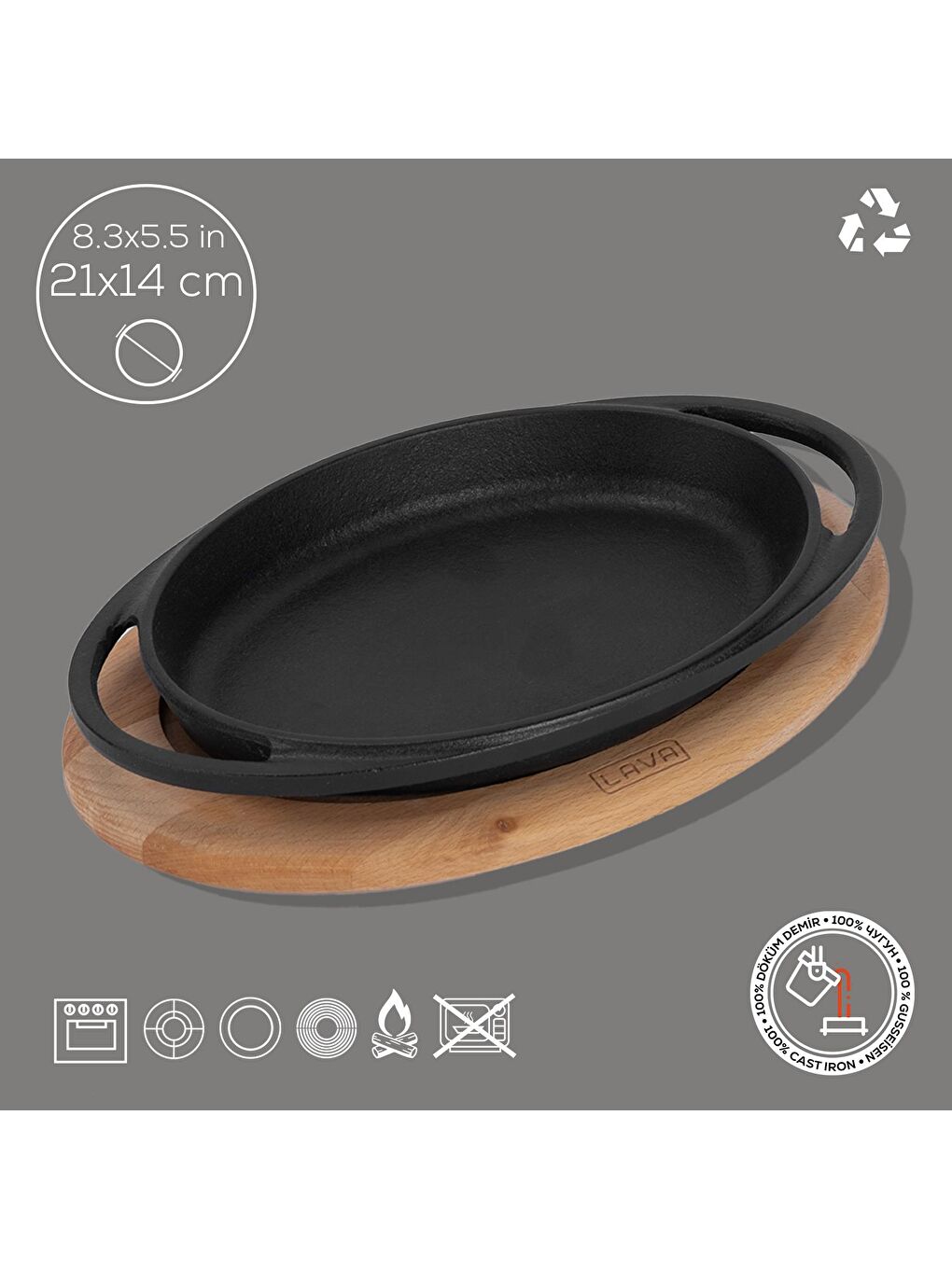 Siyah Oval Sahan Döküm Demir Yekpare Çift Kulplu Kayın Servis Ahşabı Ölçü 21x14cm.-1