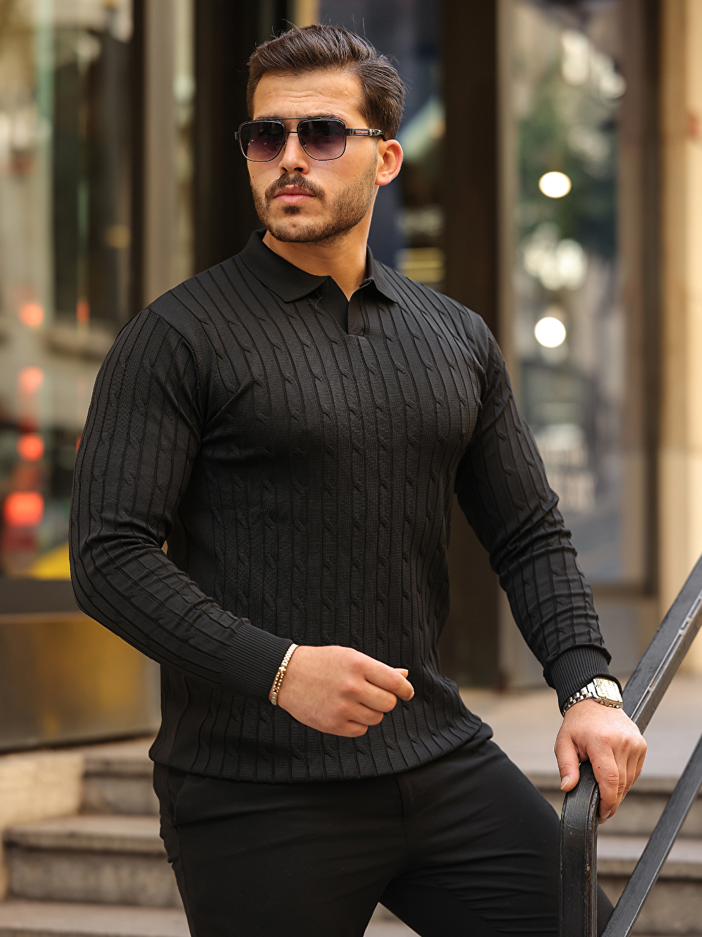 Siyah Ürün Adı: Erkek Saç Örgü Desen Uzun Kollu Triko-4