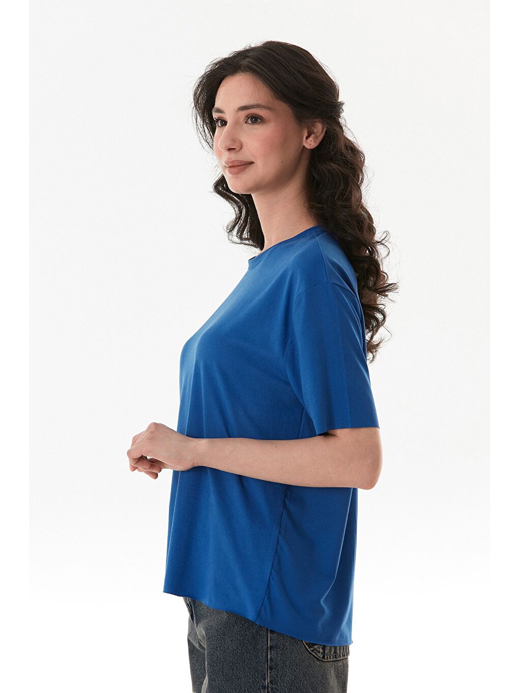 Mavi Basic Bisiklet Yaka Oversize Modal Tişört-1