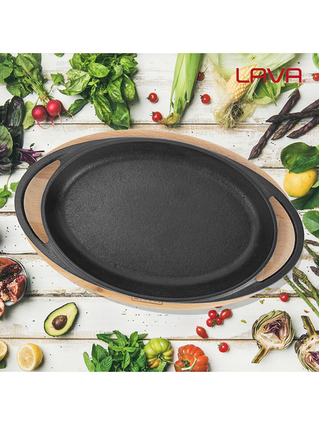 Siyah Oval Sahan Döküm Demir Yekpare Çift Kulplu Kayın Servis Ahşabı Ölçü 21x14cm.-4