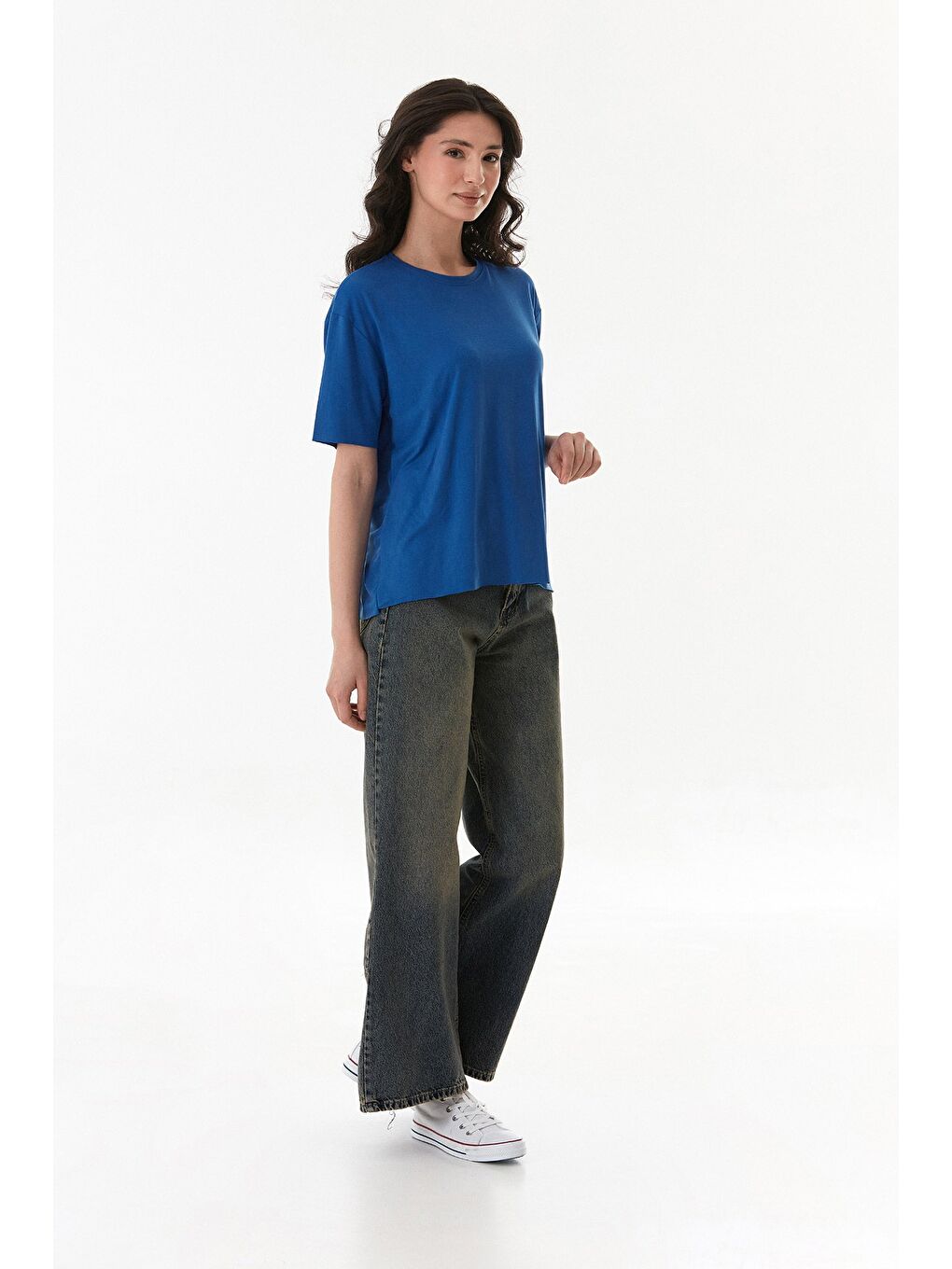 Mavi Basic Bisiklet Yaka Oversize Modal Tişört-3