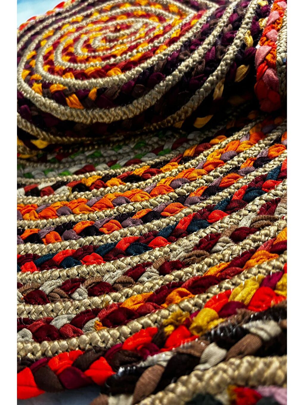 Bej Natural Jüt Halı El Dokuma Hasır Yolluk Bohem Jüt Kilim HMFJUT439 150 x 150 cm-6