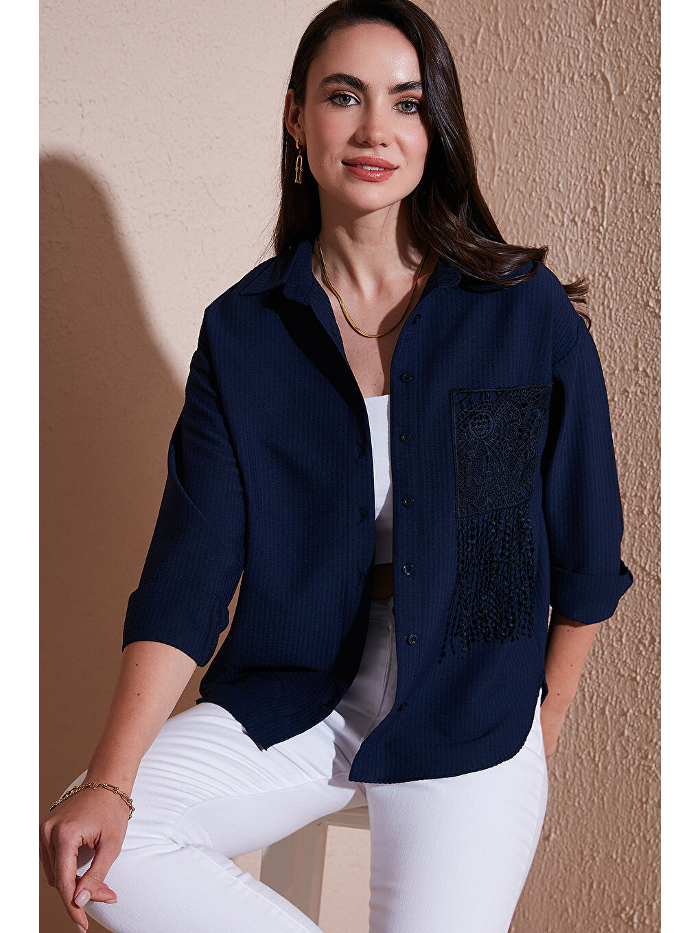 Lacivert Regular Fit Güpürlü Cep Detaylı Uzun Kollu Gömlek 6773215