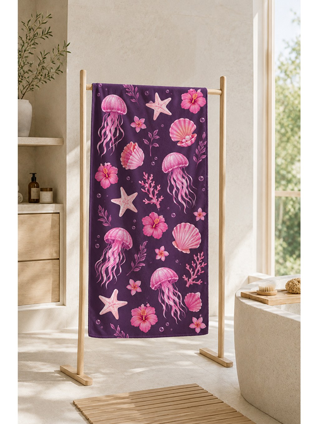 Mor Denizanası Ve Yıldız Desenli 70x150 Plaj Havlusu-5