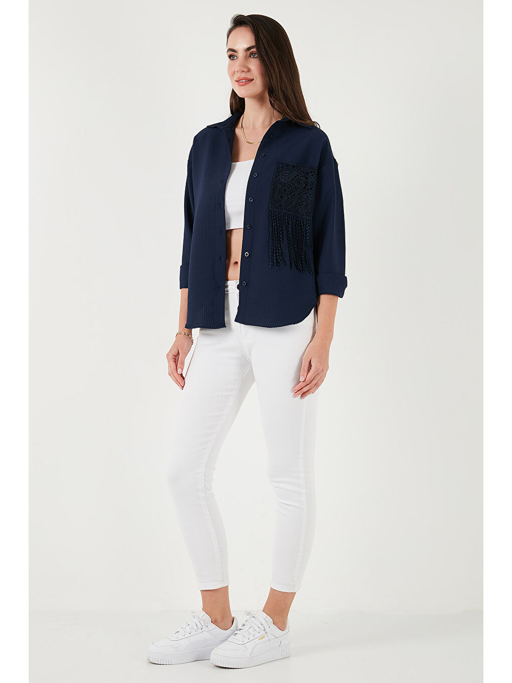 Lacivert Regular Fit Güpürlü Cep Detaylı Uzun Kollu Gömlek 6773215-3