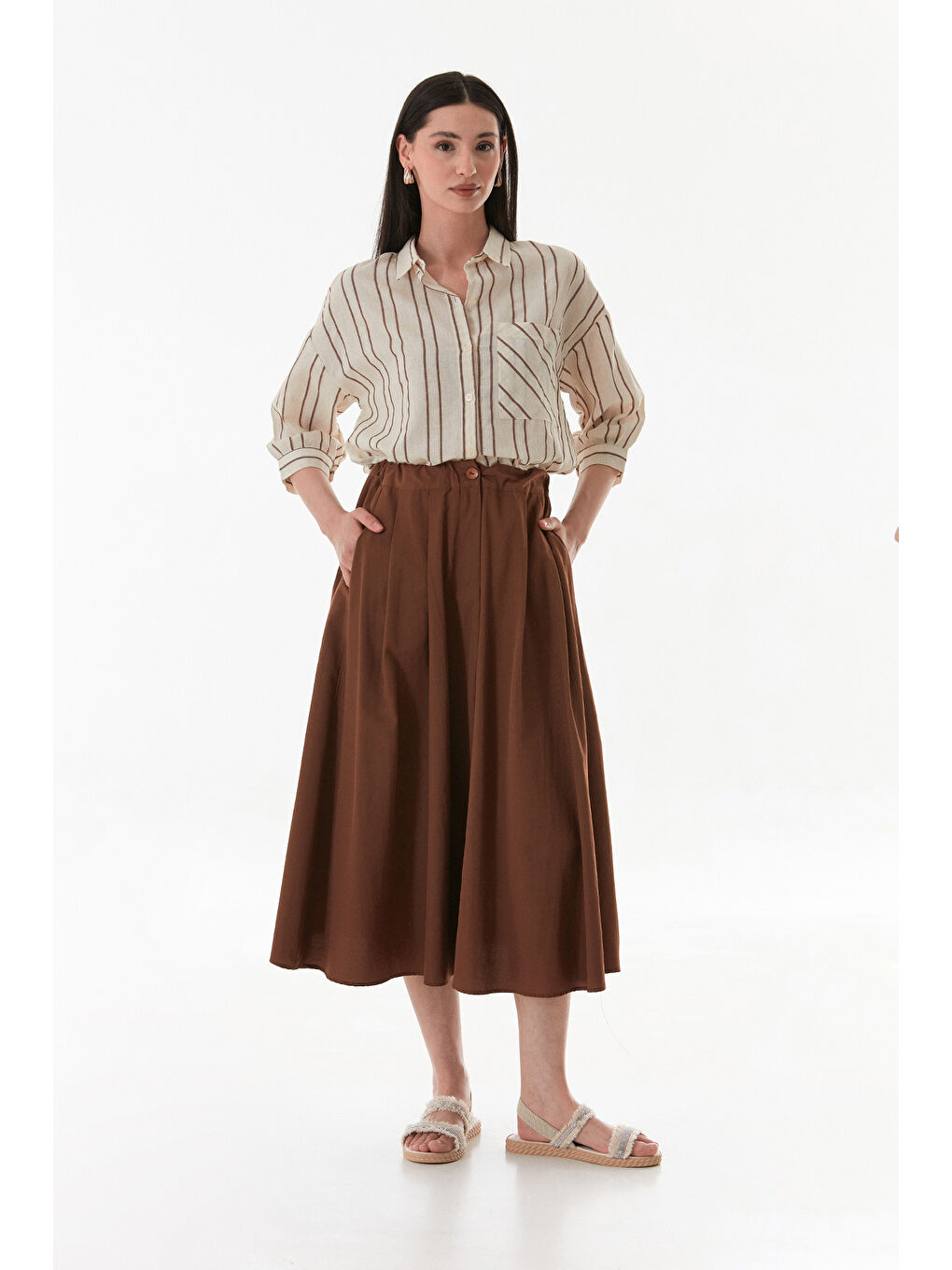 Kahverengi Beli Lastikli Düğmeli Fermuarlı Terikoton Etek