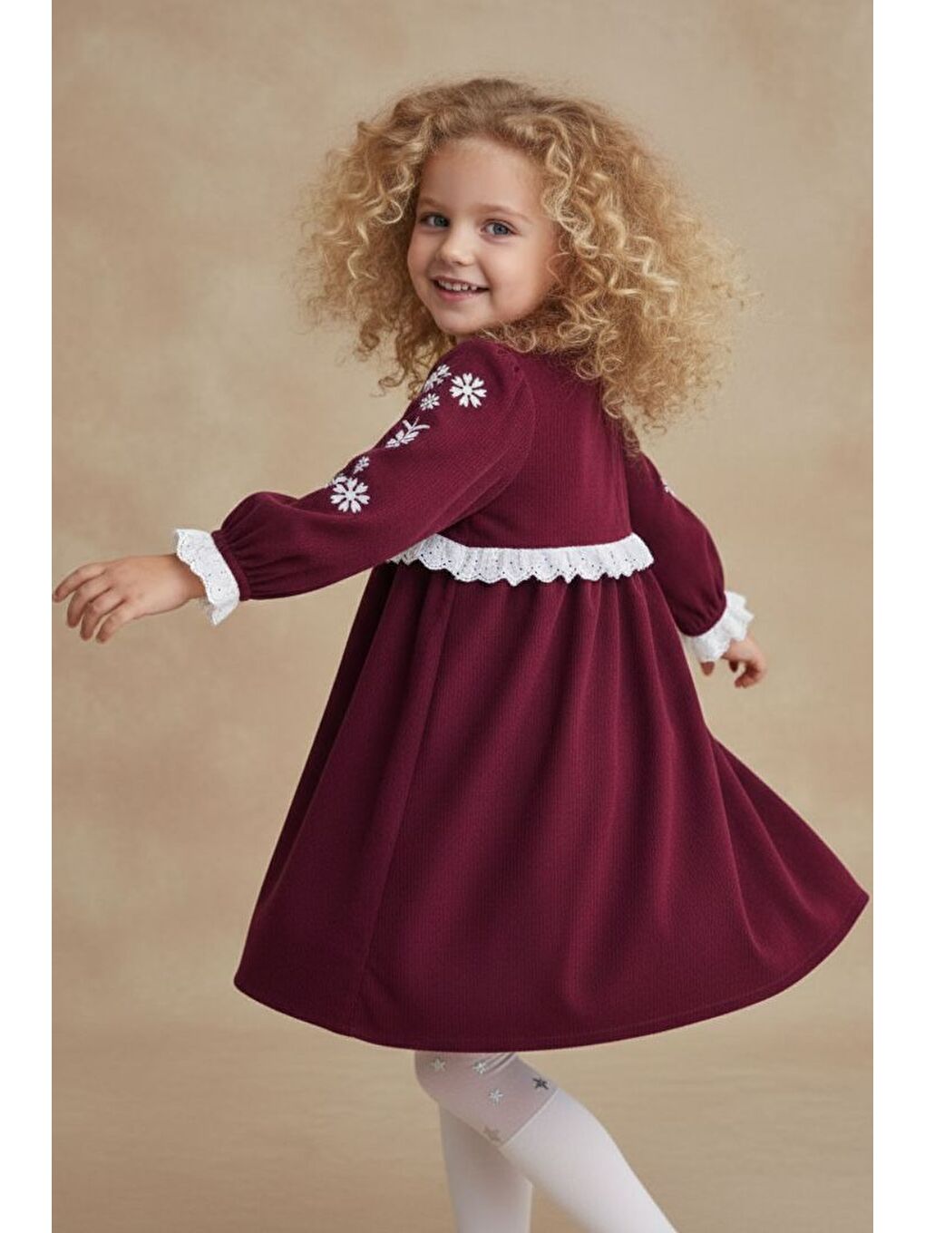 Bordo Fisto Detaylı Kollar Nakışlı Otantik Kız Çocuk Elbise M00795-1