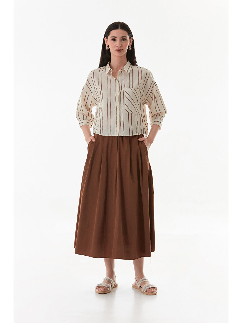 Kahverengi Beli Lastikli Düğmeli Fermuarlı Terikoton Etek-2