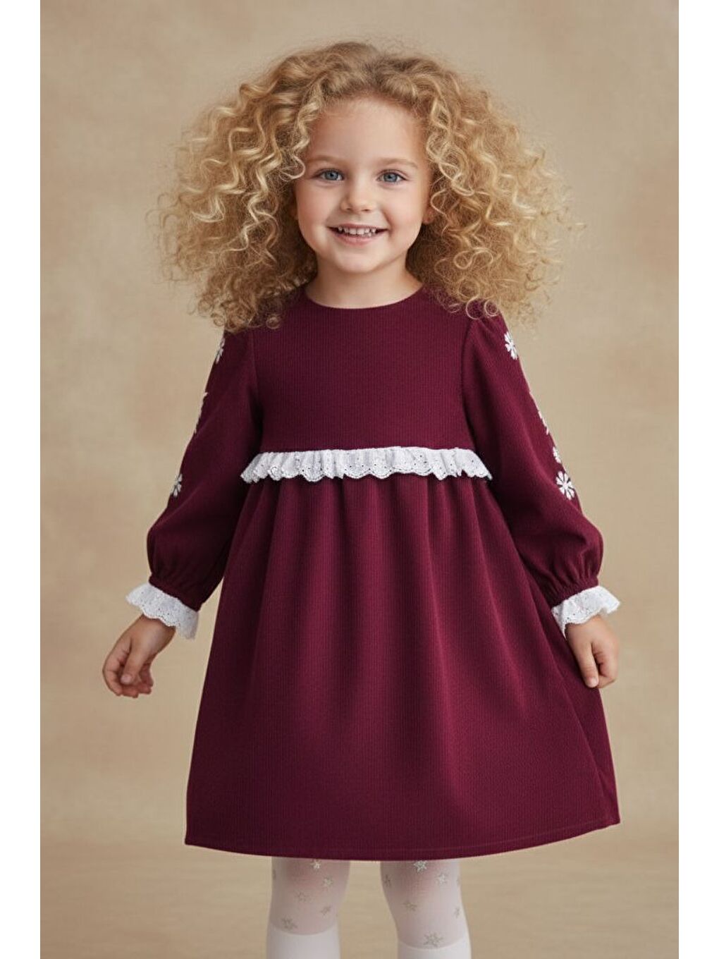 Bordo Fisto Detaylı Kollar Nakışlı Otantik Kız Çocuk Elbise M00795-2