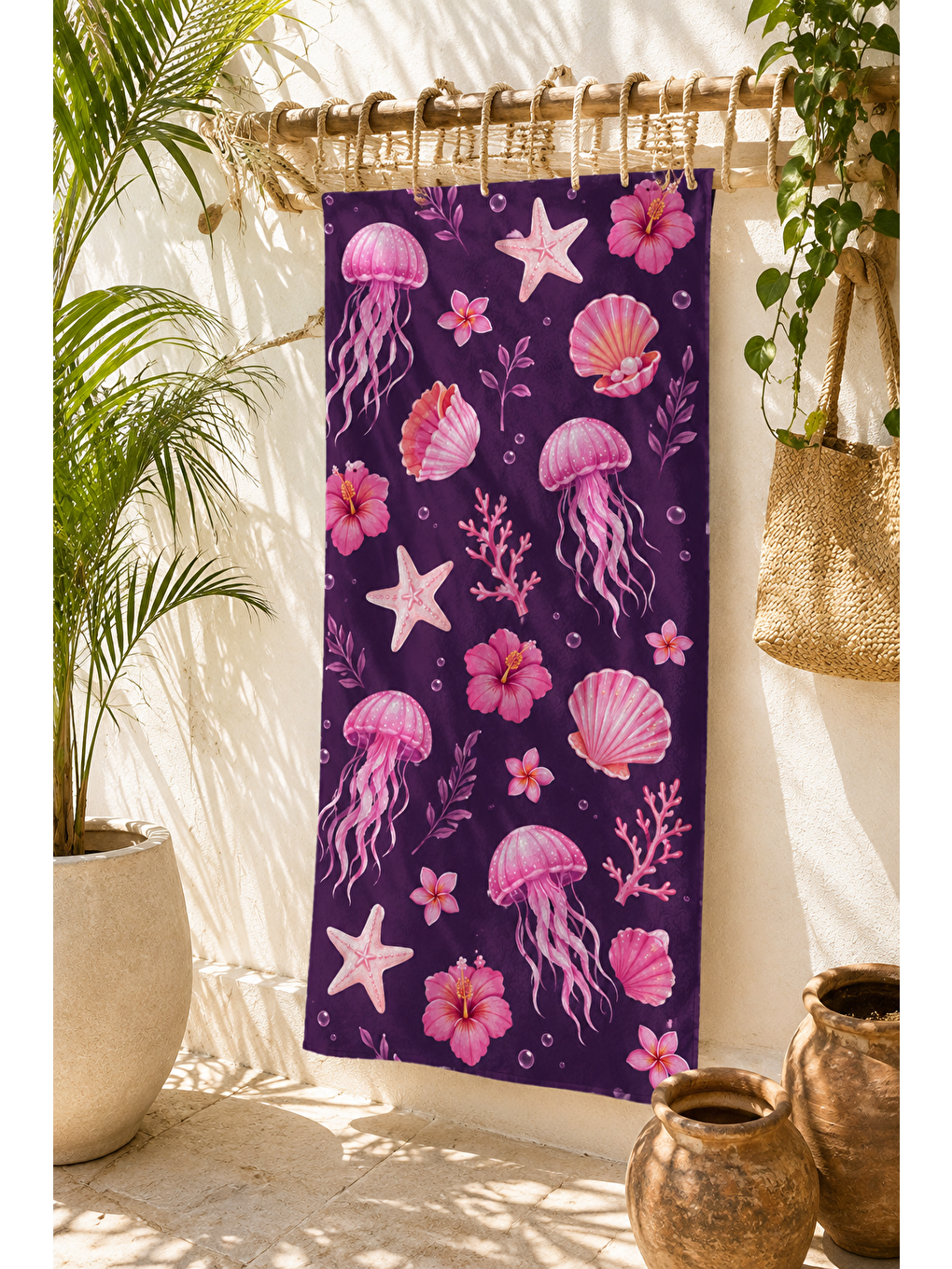 Mor Denizanası Ve Yıldız Desenli 70x150 Plaj Havlusu-6