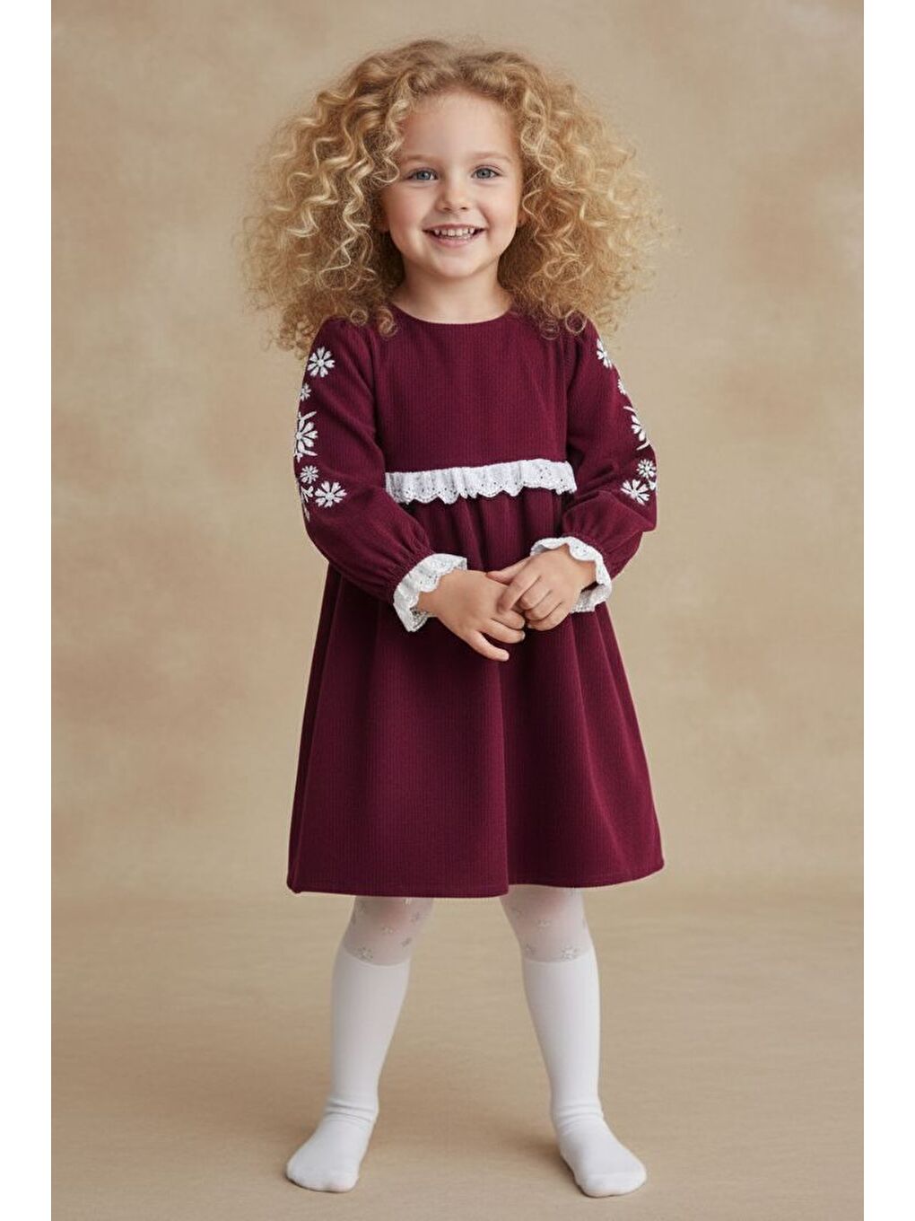 Bordo Fisto Detaylı Kollar Nakışlı Otantik Kız Çocuk Elbise M00795-3