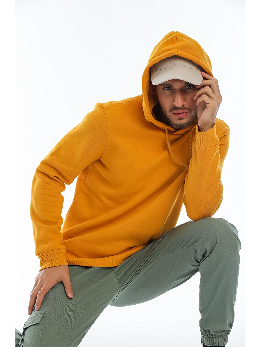 Sarı Kapüşonlu Basic Geniş Kesim Erkek İçi Polarlı Sweatshirt