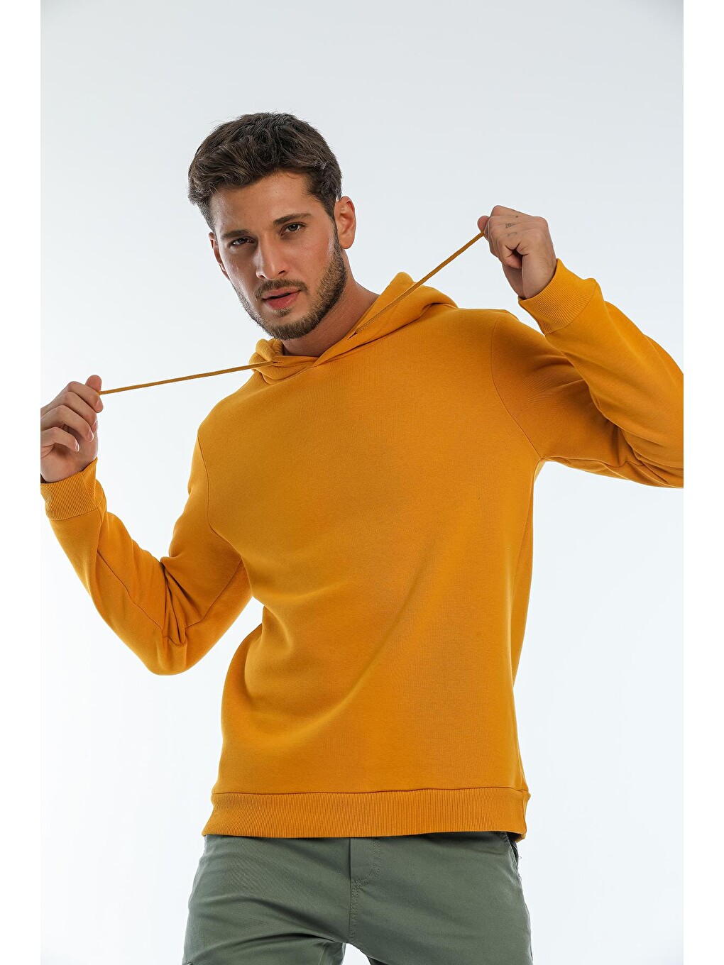 Sarı Kapüşonlu Basic Geniş Kesim Erkek İçi Polarlı Sweatshirt-1