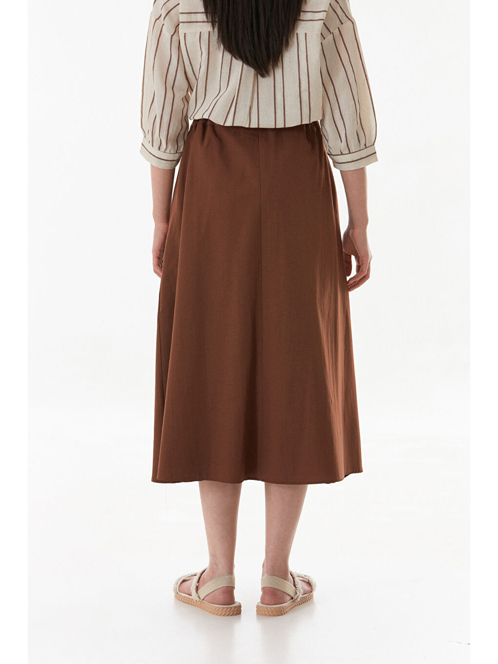 Kahverengi Beli Lastikli Düğmeli Fermuarlı Terikoton Etek-3