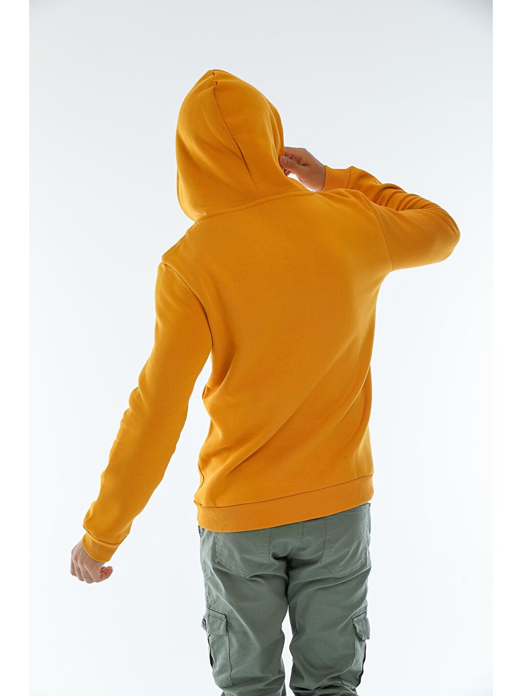 Sarı Kapüşonlu Basic Geniş Kesim Erkek İçi Polarlı Sweatshirt-2