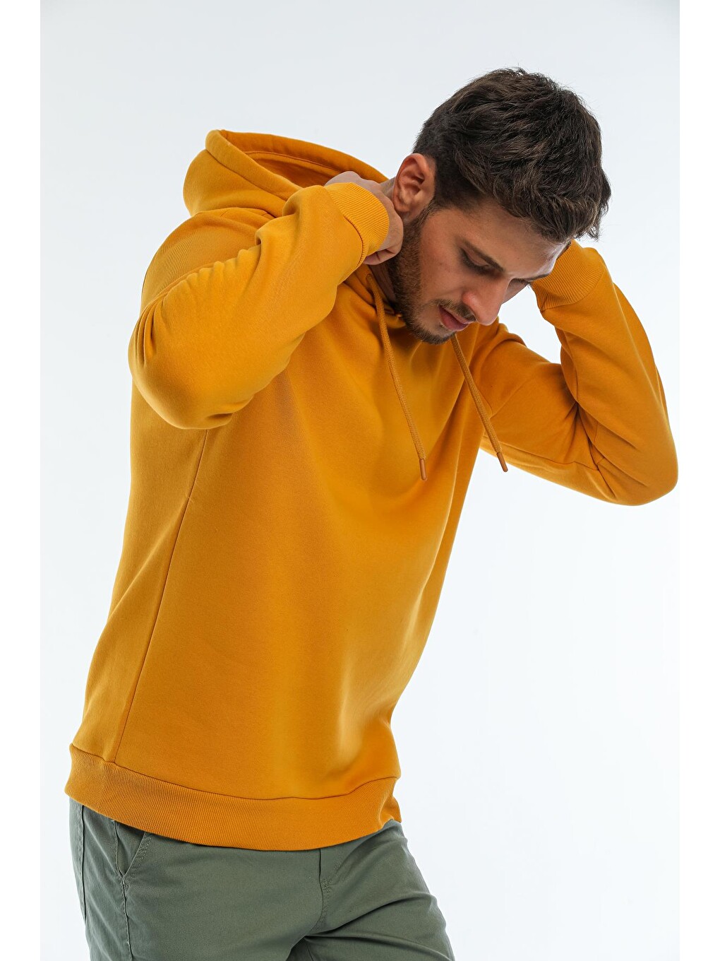 Sarı Kapüşonlu Basic Geniş Kesim Erkek İçi Polarlı Sweatshirt-3