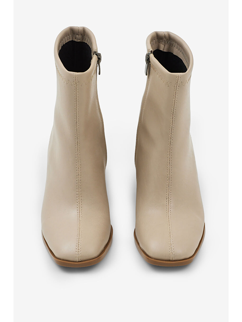 Kadın Bej Cilt TPU Taban Düz Desen Fermuarlı Kalın Topuklu Bot-1