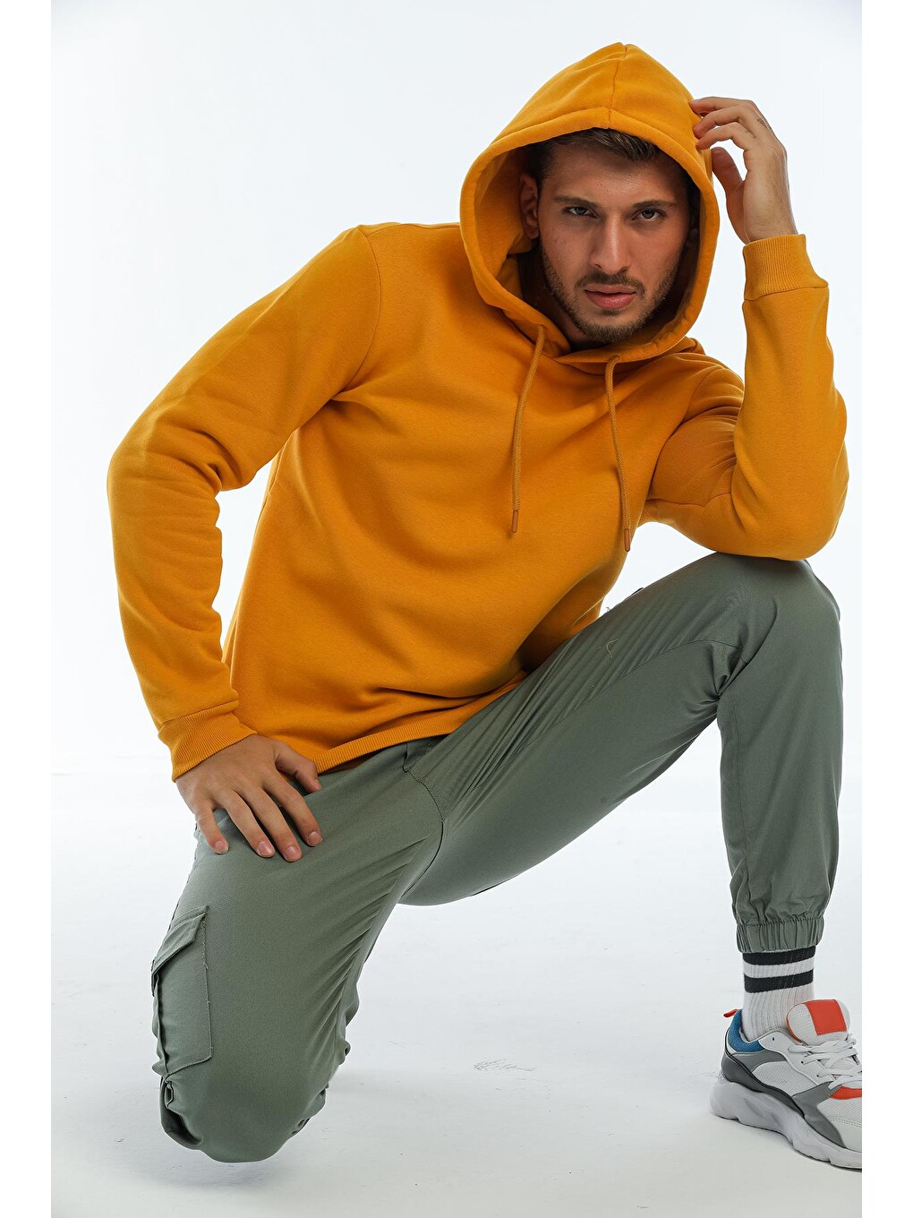 Sarı Kapüşonlu Basic Geniş Kesim Erkek İçi Polarlı Sweatshirt-4