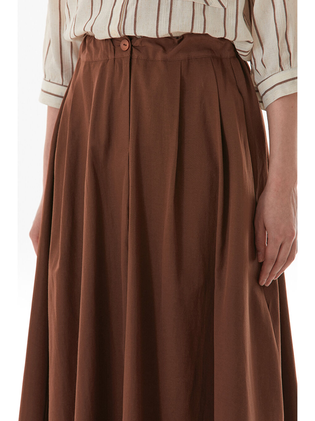 Kahverengi Beli Lastikli Düğmeli Fermuarlı Terikoton Etek-4