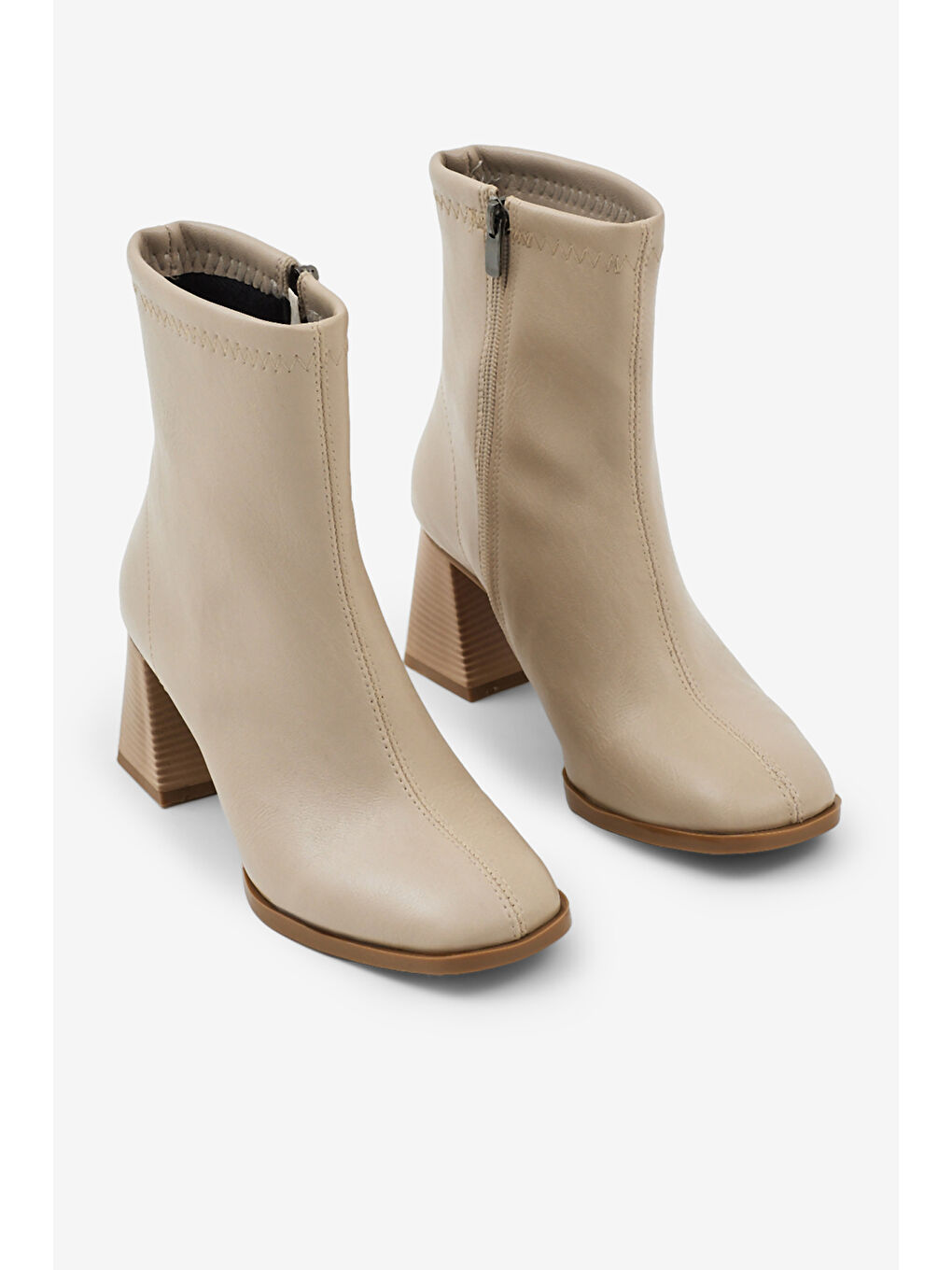Kadın Bej Cilt TPU Taban Düz Desen Fermuarlı Kalın Topuklu Bot-2