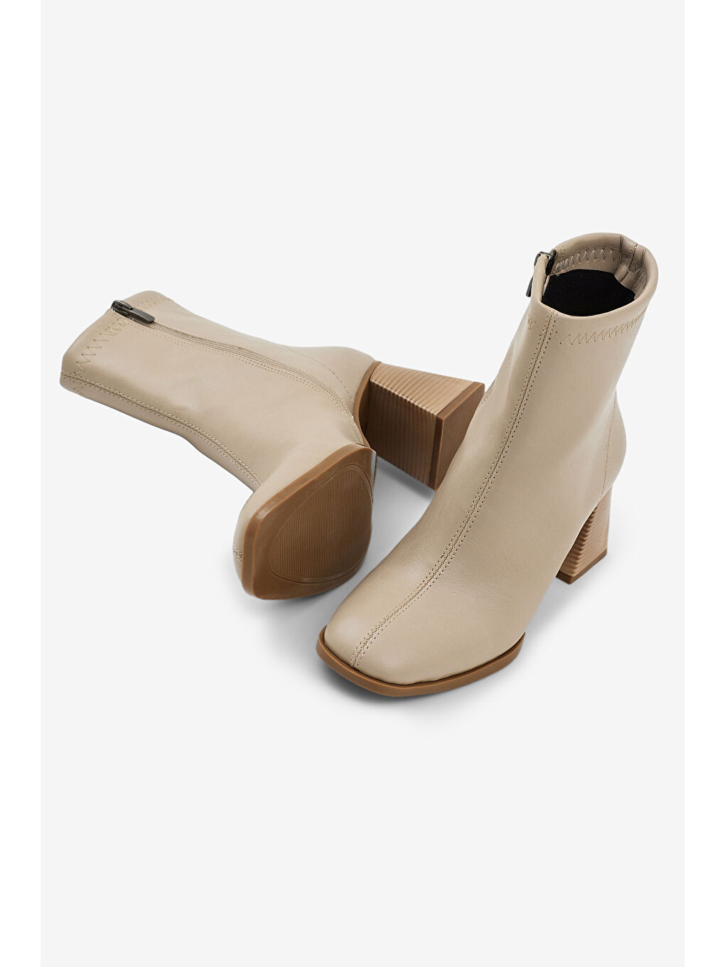 Kadın Bej Cilt TPU Taban Düz Desen Fermuarlı Kalın Topuklu Bot-3